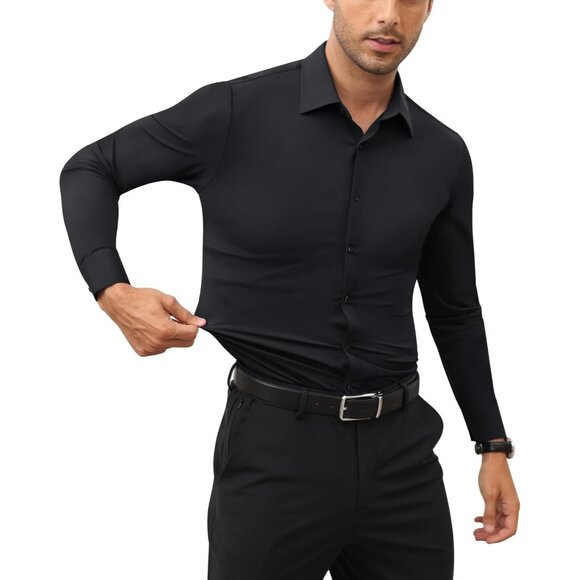 Men's Black Long Sleeve Slim Muscle Fit Wrinkle Free Button Down Dress Shirts - Picture 7 of 9